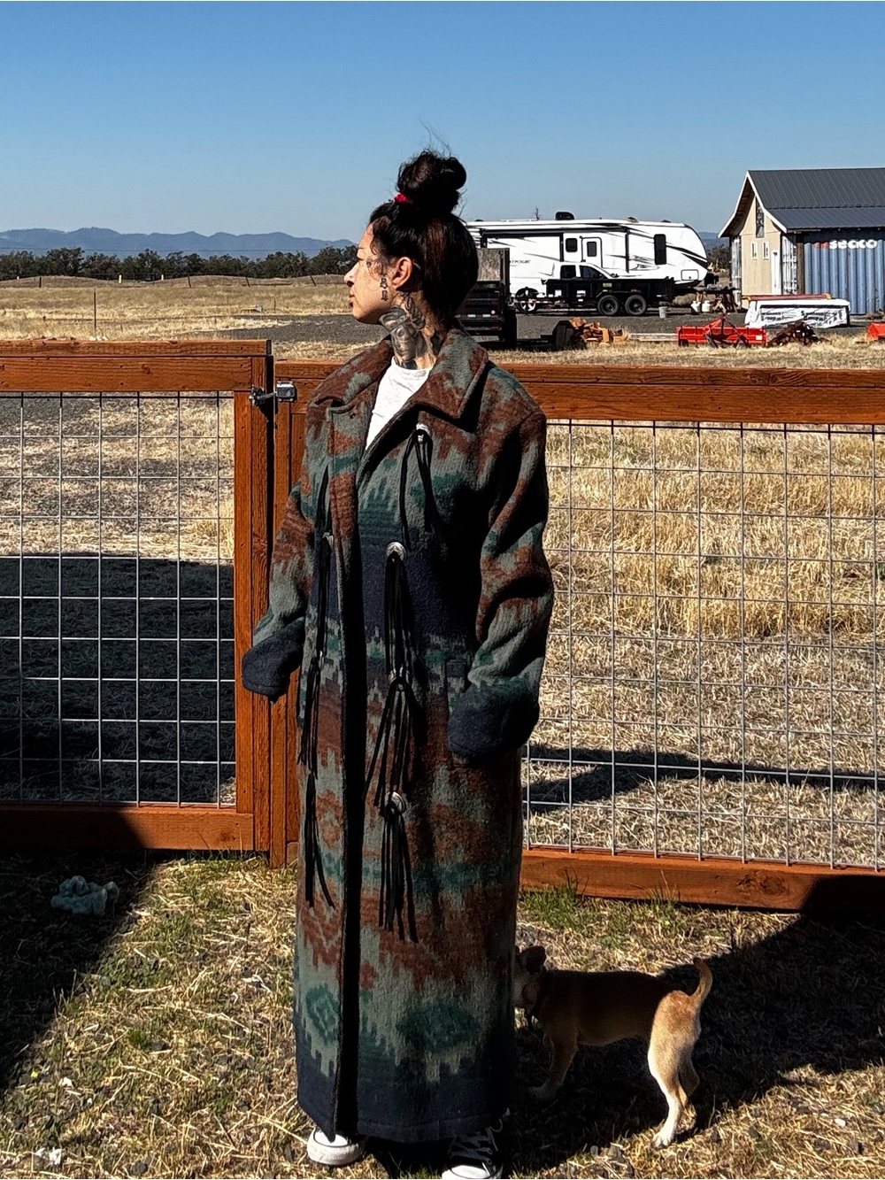 Southwest vintage wool Long coat in Teal & Brown - Picture 7 of 7